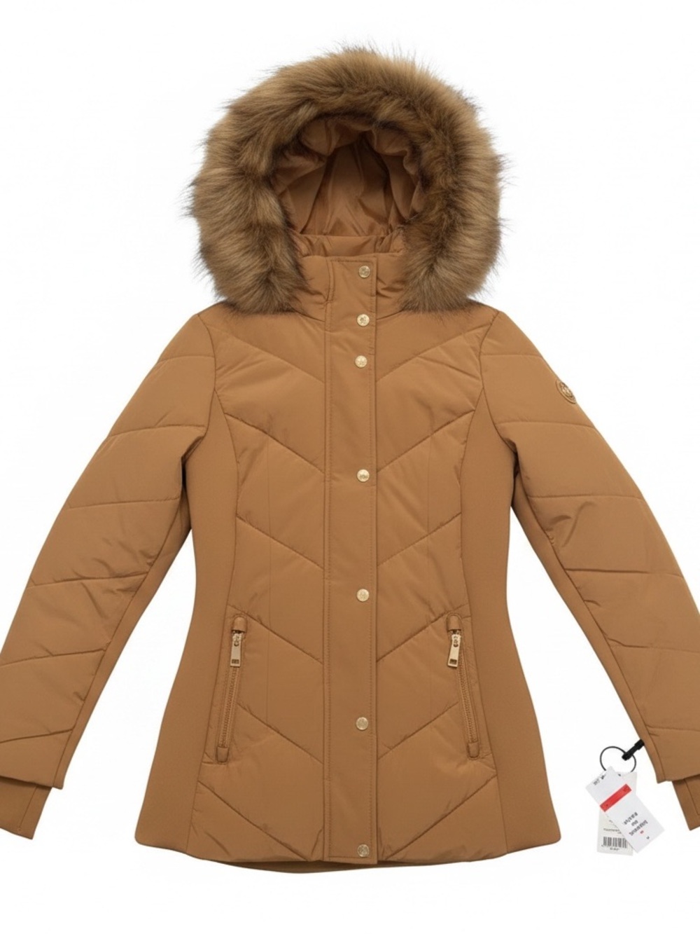 Michael Kors Camel Quilted Hooded Puffer with Faux Fur Trim
